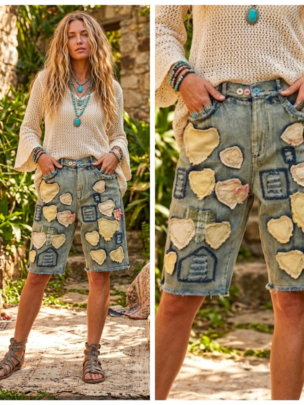 Bohemian Patchwork Vintage Wash Heart Knee-Length Shorts